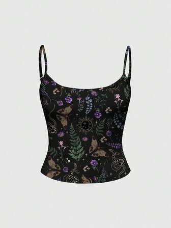 Goth Camiseta sin mangas de estilo gótico con estampado misterioso de mariposa, sol, luna, estrella, hoja y flor para mujeres