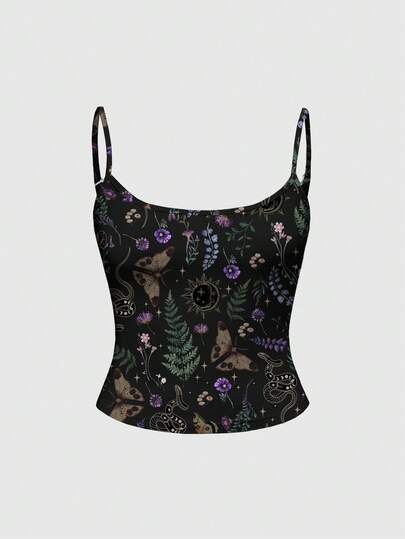 Goth Canotta gotica da donna in stile gotico con stampe misteriose di farfalle, sole, luna, stelle, foglie e fiori