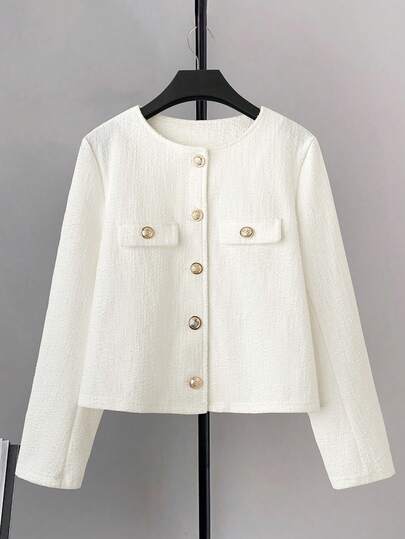 GlowEve CURVE Plus Size Women's Round Neck Long Sleeve Single-Breasted Elegant White Woolen Coat, Autumn/Winter