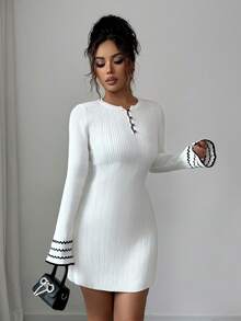 Elenzga Round Neck Button Striped Flare Sleeve Contrast Color Ruffle Hem Hollow A-Line Sweater Dress For Women - Multicolor - View 6
