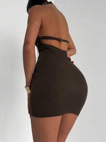 Aloruh Backless V-Neck Sexy Mini Dress For Women - Coffee Brown - View 2