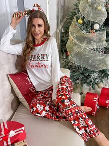 CoupledUp 圣诞快乐字母印花长袖上衣和驯鹿、雪花、圣诞树印花长裤，女士情侣睡衣套装，秋季情侣睡衣套装，圣诞睡衣，圣诞情侣睡衣，冬季 - 白色 - 查看 4