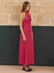 lacRébo 玫红色缎面波点长款连衣裙，露背设计，系带蝴蝶结，尽显优雅派对晚宴风情，秋冬季必备单品 - 玫紅色 - 查看 5