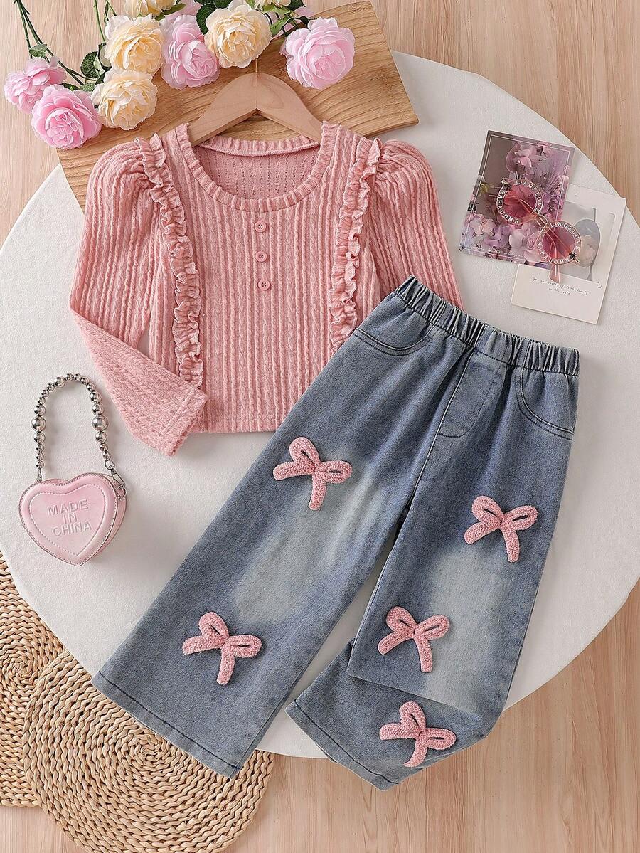 Set de 2 piezas Estilo coreano dulce y lindo para niñas pequeñas: Blusa de manga larga con cuello de volantes texturado + Pantalones vaqueros rectos con decoración de lazo bordado, adecuado para vacaciones, viajes, vuelta al colegio, primavera/otoño/invierno