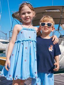 Joliand Joliand 1 pieza Vestido camiseta ajustada con volantes de color azul claro con estampado de corazón y bandera, elegante y urbano, apropiado para uso casual, diario, de viaje y playa, para niñas jóvenes