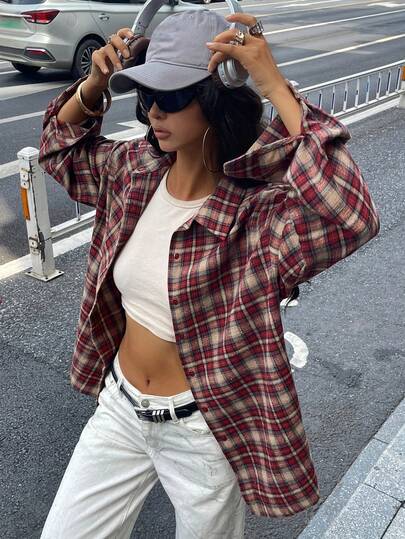 DAZY Women's Plaid Loose Turndown Collar Long Sleeve Shirt, Coffee Brown, Spring/Summer/Autumn