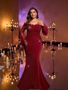 Glamrae Plus Size Elegant Sexy Red Off-The-Shoulder Lace Trim Long Sleeves Sheer Lace Patchwork Ruffle Waist Mermaid Hem Suitable For Wedding Party Celebration Formal Event Dinner Dress (Heavy Embellished Design)