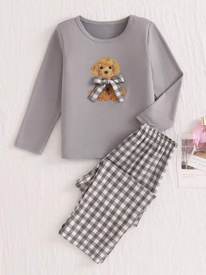 SHEIN 2pcs Girls Cartoon Puppy & Bow Print Knit Casual Long Sleeve Top And Pants Pajama Set