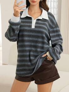 Modelyn Contrast Color Collar Striped Patchwork Long Sleeve Loose Fit Women's Sweatshirt, Winter - Multicolor - View 9