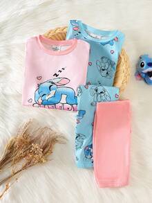 Bộ đồ ngủ 4 món quần legging tay dài cho bé gái, họa tiết thỏ hoạt hình, dễ thương & thường ngày, xuân/thu - Nhiều màu - Xem 2