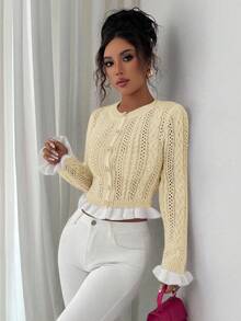 Elenzga Women's Autumn New Knitted Fitted Crew Neck Ruffle Cuff Short Cardigan With Metal Button Design, Sweet For Valentine's Day Date, Versatile - Beige - View 3