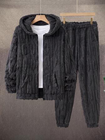 Manfinity Homme 男士秋冬拉链羊毛连帽衫和裤子休闲运动服套装