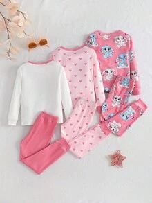 3pcs/Set Girls Pajamas, Cute Rabbit Print Snug Fit Round Neck Long Sleeve Top And Long Pants Sleepwear Set - Multicolor - View 2