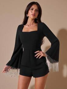 SHEIN BAE Bộ đồ liền thân tay dài hở lưng tua rua đính đá, thích hợp cho tiệc cocktail, hẹn hò lãng mạn, mặc nhiều lớp mùa thu/đông, tụ họp, sự kiện trang trọng, Halloween, Giáng sinh - màu đen - Xem 2