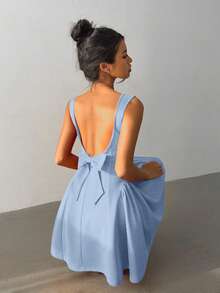 Aloruh 女式纯色方领蝴蝶结装饰无袖时尚连衣裙 - 淺藍色 - 查看 6