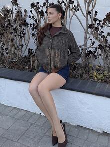 Andrea Bello Nueva chaqueta/abrigo de mujer de diseño de botones, manga larga, ajustado, de estilo casual y elegante con cuello vuelto y estampado a cuadros, para otoño/invierno - Marrón - Ver 4