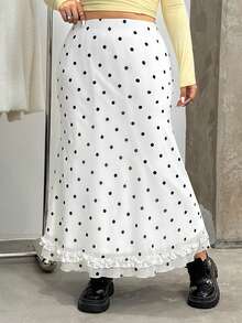 SHEIN EZwear 秋季大码优雅波尔卡圆点印花荷叶边鱼尾下摆半身裙 - 白色 - 查看 5