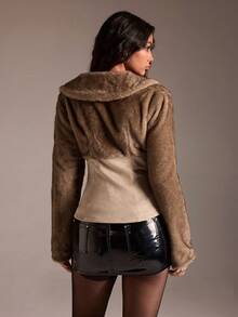 TRNVIE 1pc Women's Regular Jacket, Brown Faux Fur & Suede Patchwork, Waist Cinched, Lapel Collar, Casual Retro - Brown - View 2