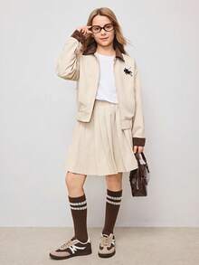 2pcs/Set Fashionable Tween GirlsEmbroidered Collar Khaki Zip-Up Cropped Jacket + Matching High Waist Pleated Mini Skirt Set, Suitable For Daily Commute And Leisure