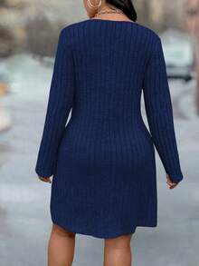 Plus Size Solid Color Ribbed Casual Long Sleeve Dress - Blue - View 2