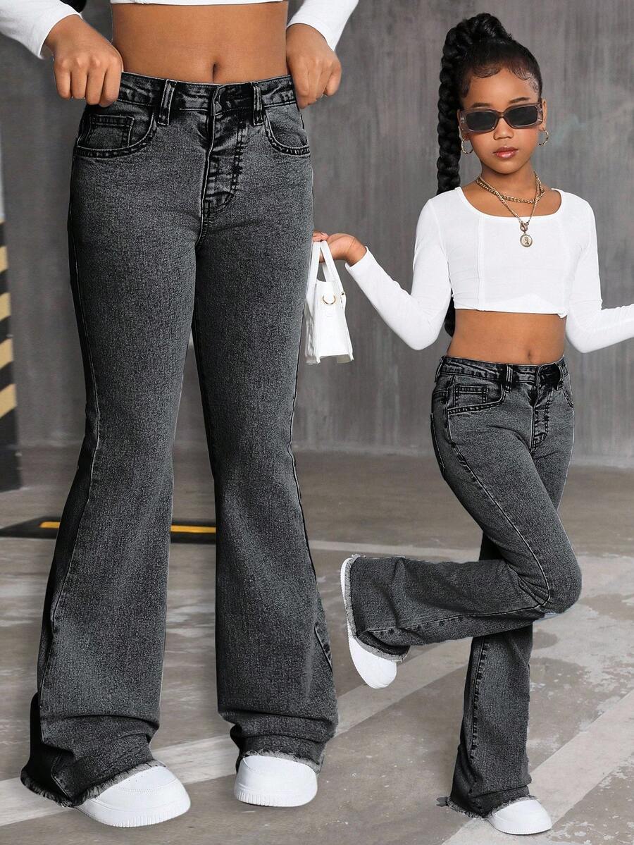 SHEIN Explorewe Jeans acampanados de cintura alta lavados en azul retro para niñas, pantalones vaqueros elásticos de pierna acampanada con dobladillo deshilachado, adecuados para salidas casuales y uso al aire libre - Negro - Ver 1