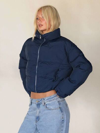 Aloruh Elegante chaqueta de esquí con capucha azul marino corta, versátil para otoño/invierno