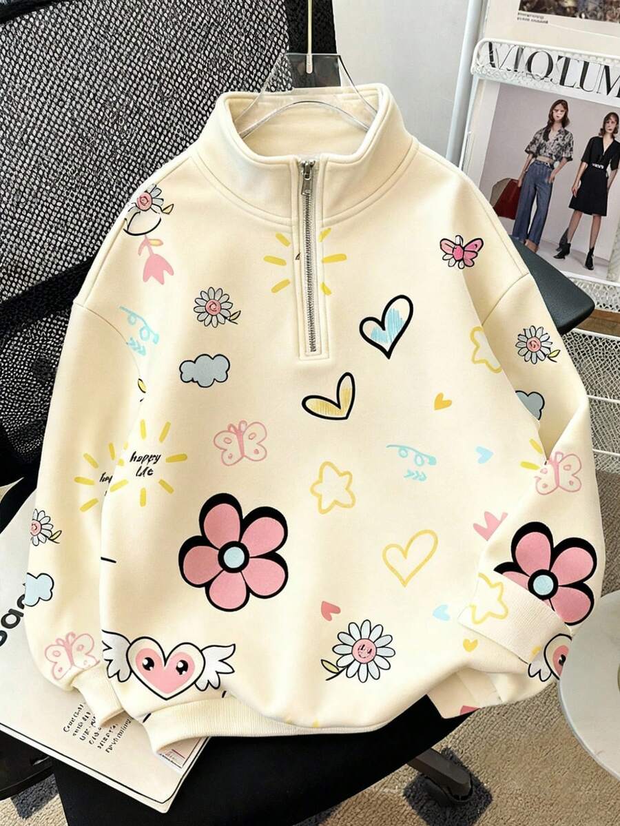 SHEIN 青少年女孩花卉心形印花针织休闲套头衫,宽松学院风,秋冬 - 彩色 - 查看 1