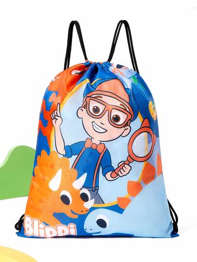 Blippi X SHEIN 1pc Cartoon Print Drawstring Backpack With Adjustable Shoulder Strap Length, Gym Bag, Canvas Backpack, Casual Bag, Travel Bag, Sports Beach Bag For Men, Women, Boys, Girls, Dinosaur