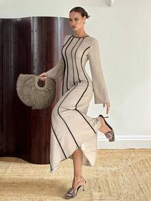 Siren Gaze 秋冬新款女士束腰拼色A字长袖连衣裙 - 杏色 - 查看 7