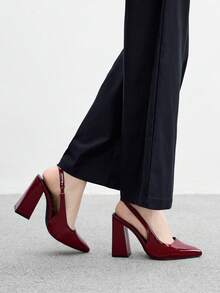 CUCCOO BIZCHIC Women's Fashion Pointed Toe Chunky High Heel Burgundy Minimalist Pumps With Ankle Strap, Suitable For Daily Commute, Work, Shopping, Party And Formal Occasions For Christmas Spring Shoes - Burgundy - View 4