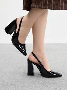 CUCCOO BIZCHIC Women's Fashion Pointed Toe Chunky High Heel Black Minimalist Pumps, Backstrap Slingback Heels For Daily Commute, Work, Shopping, Party, Suitable For Women