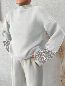 EURMUSE Women's Geometric Pattern Oversized Sweater With Drop Shoulder Design - Beige - View 3