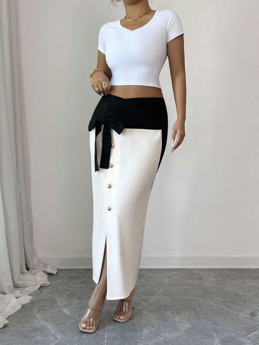 SHEIN Elenzya Women's Color Block Bow Decor Slit Fitted Elegant Skirt - Apricot - View 1