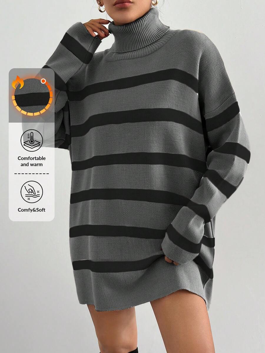 EURMUSE Mock Neck Drop Shoulder Striped Sweater - Grey - View 1