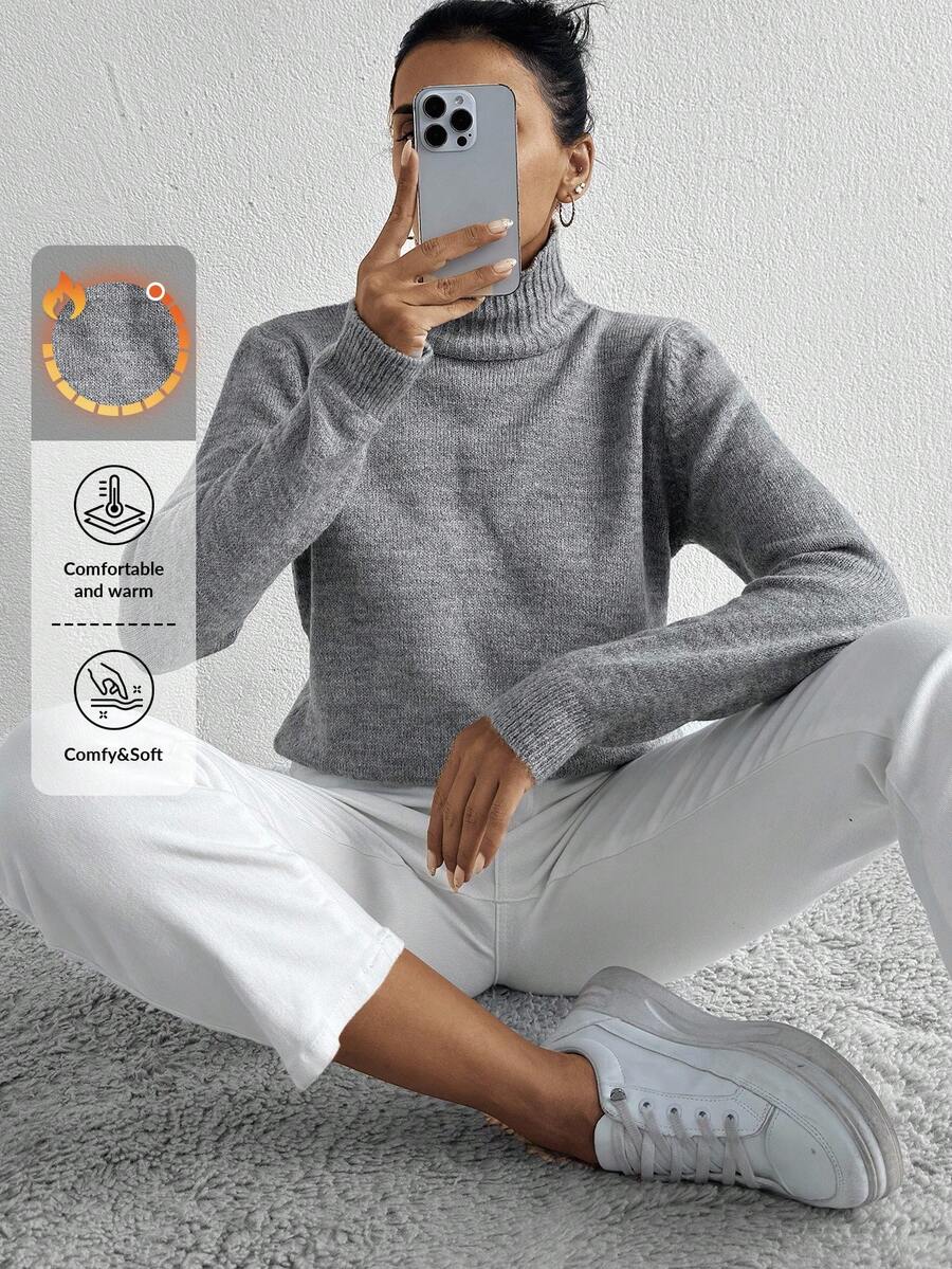 Cloudara Mock Neck Drop Shoulder Crop Sweater - Light Grey - View 1