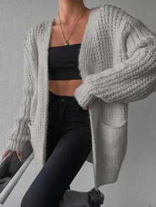 SHEIN Double Pocket Solid Color Cardigan - Beige - View 5