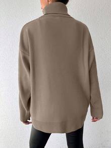 EURMUSE Ladies' Solid Color High Neck Rib Knit Drop Shoulder Sweater - Camel - View 2