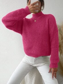EURMUSE Mock Neck Drop Shoulder Sweater - Hot Pink - View 3