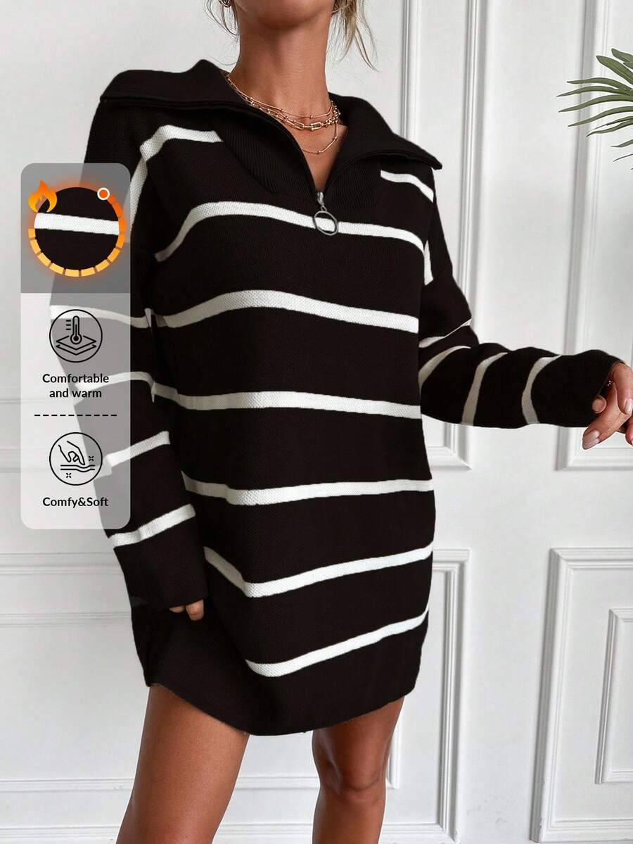 EURMUSE Striped Pattern Drop Shoulder Sweater - Black - View 1