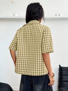 StreetHx Streetwear 女式格子拉链口袋短袖衬衫 - 芥末黃 - 查看 2