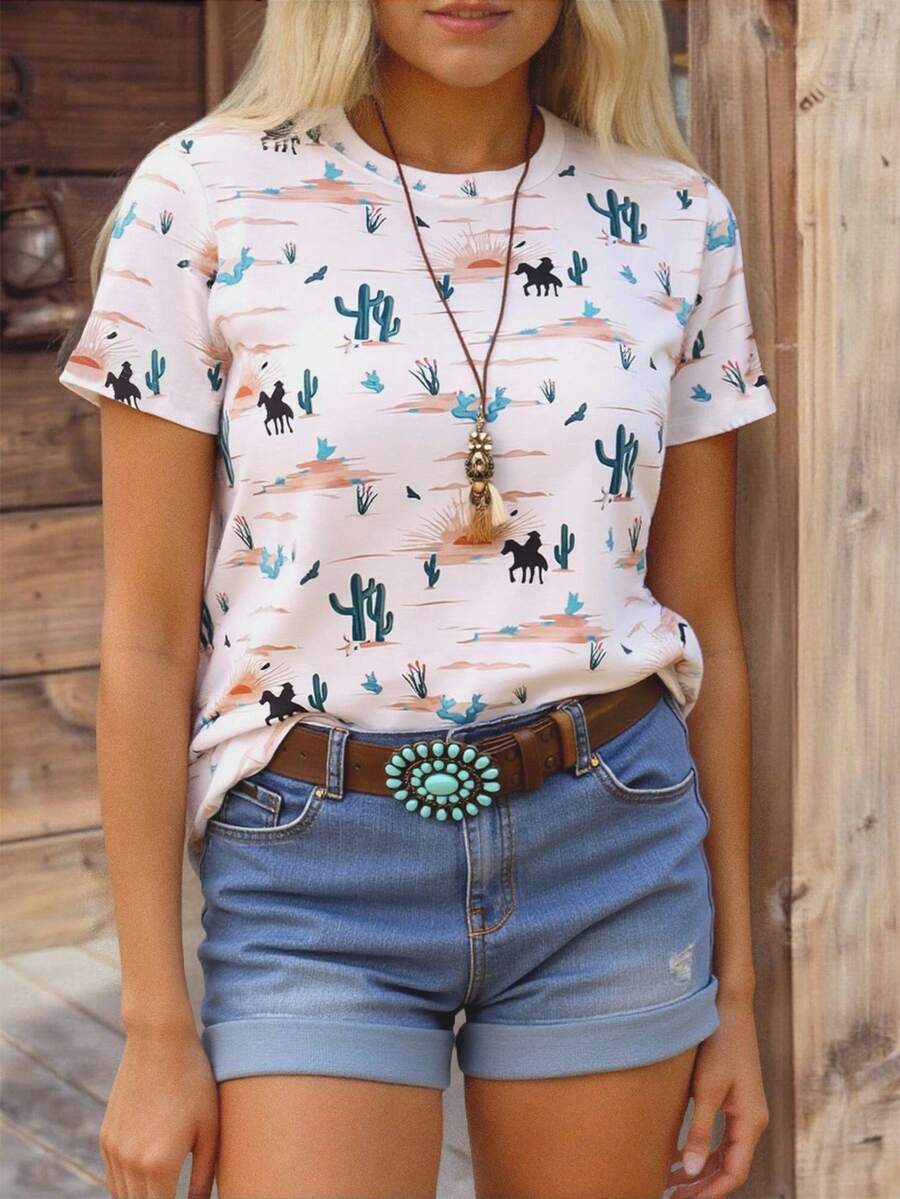 SHEIN EZwear 西式仙人掌印花圆领女式 T 恤