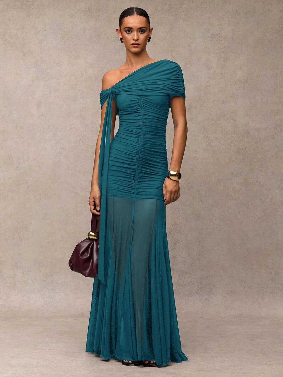 SHEIN BAE Women's Solid Color Ruched Asymmetric Elegant Dress - Teal Blue - View 1