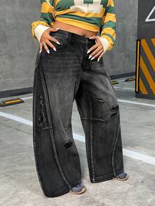 Flirla Plus Size Women's Edgy Street Style Distressed Gray Non-Stretch Denim Barrel Leg Jeans - Dark Grey - View 6