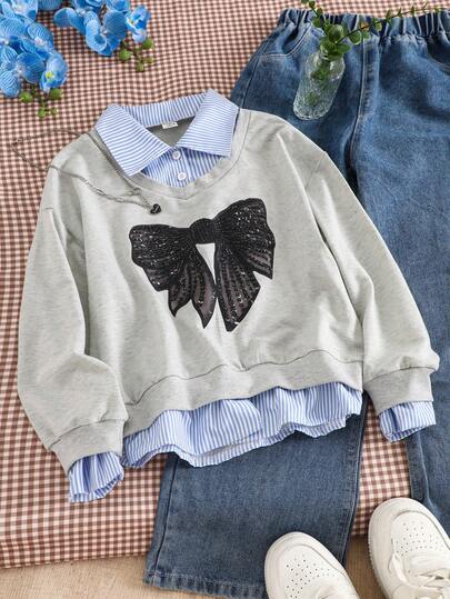 Genkimix Kids 1 Stück Mädchen Minimalistisch Mode Schmetterling Grafik Gestreift Splice Grau 2 in 1 Polokragen Langarm Lässig Sweatshirt, geeignet für Frühling/Herbst