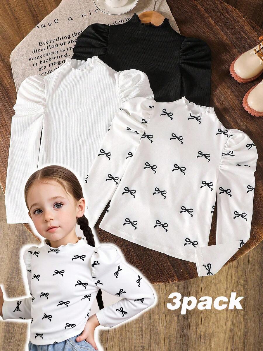 SHEIN 3pcs/Set Young Girls Puff Sleeve Long Sleeve T-Shirt,Casual Basic Stand Collar Heart Bow Print Tops For White Autumn School Back-To-School,Tween Shirt - Multicolor - View 1