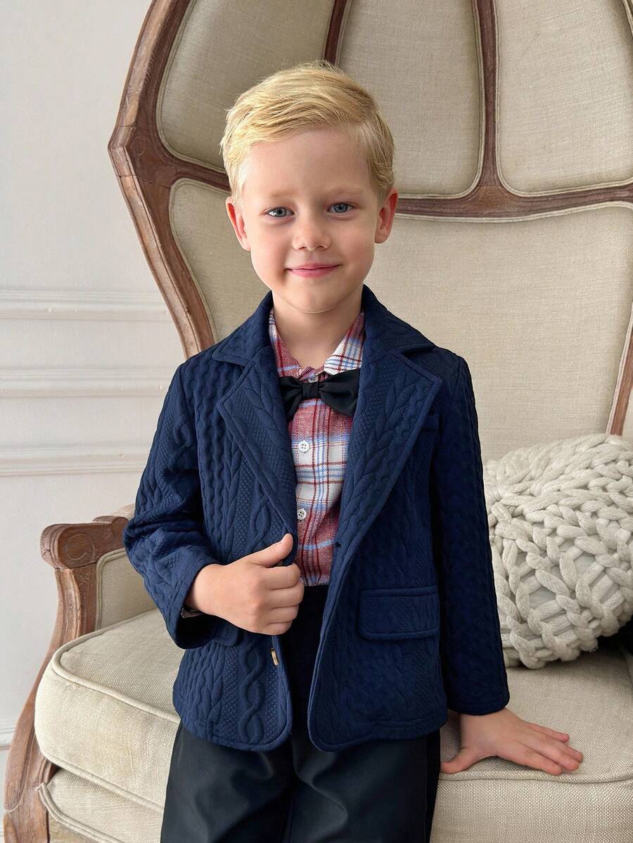 PrepCrw 1 件年轻男孩优雅校园风格休闲都市百搭海军蓝罗纹西装外套，适合外出、聚会、返校、秋冬 - 藏蓝色 - 查看 1