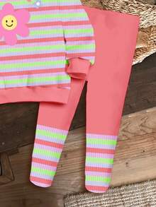 Cute Colorful Macaron Striped Pattern Pullover, Sweet Smiling Face Floral, Pastel Color, Tracksuit, Fall Clothes For Baby Girl, Soft Thick Knit Crew Neck Long Sleeve Sweatshirt And Leggings Set, Suitable For Autumn/Winter - Multicolor - View 5