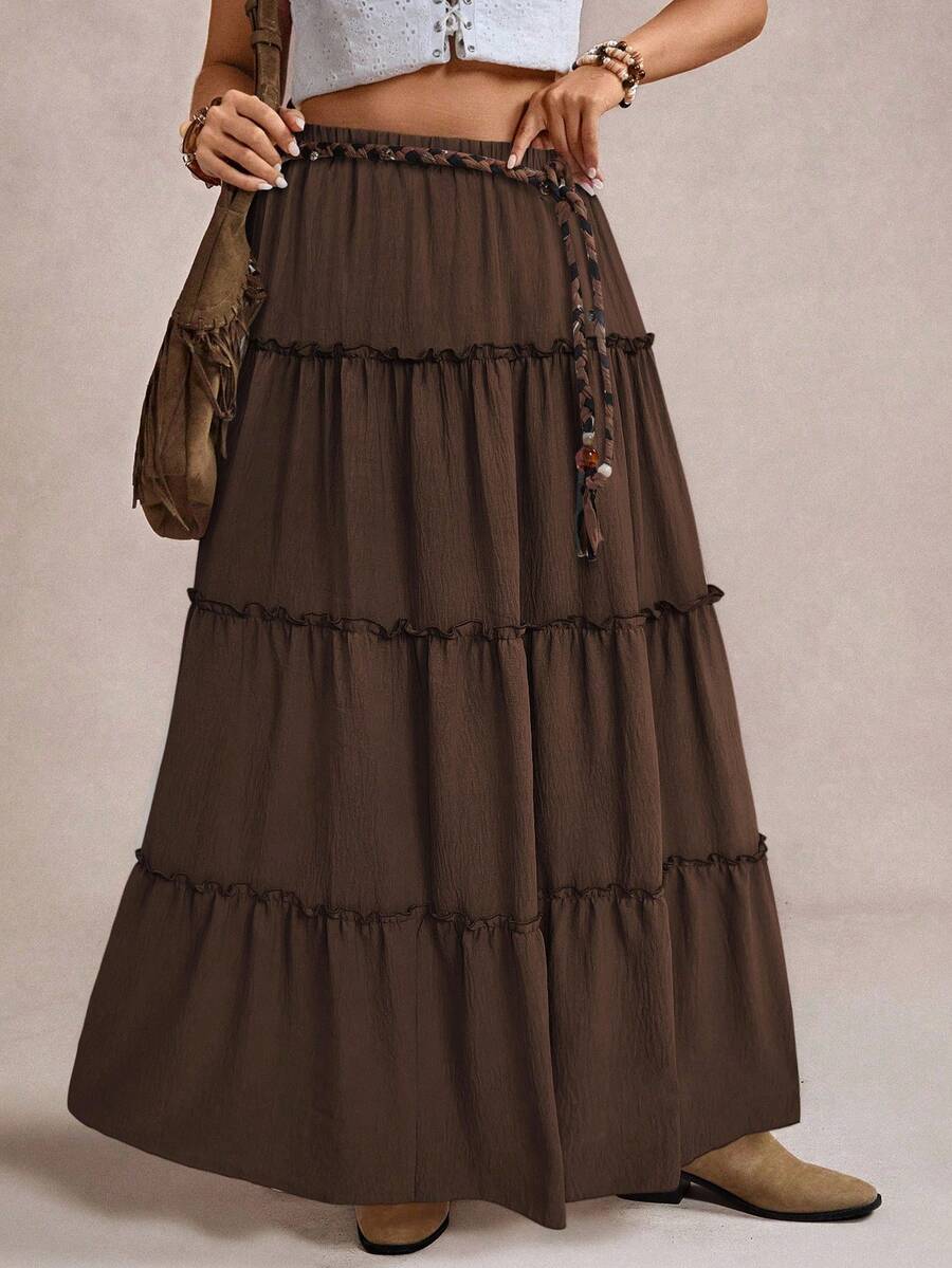 Freevana Plus Size Solid Color Skirt, Casual Holiday - Mocha Brown - View 1