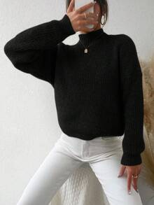 EURMUSE Women's Turtleneck Sweater With Dropped Shoulders - Black - View 3