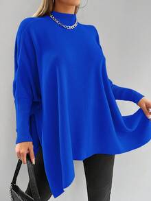 EURMUSE Mock Neck Batwing Sleeve Asymmetrical Hem Sweater - Blue - View 4